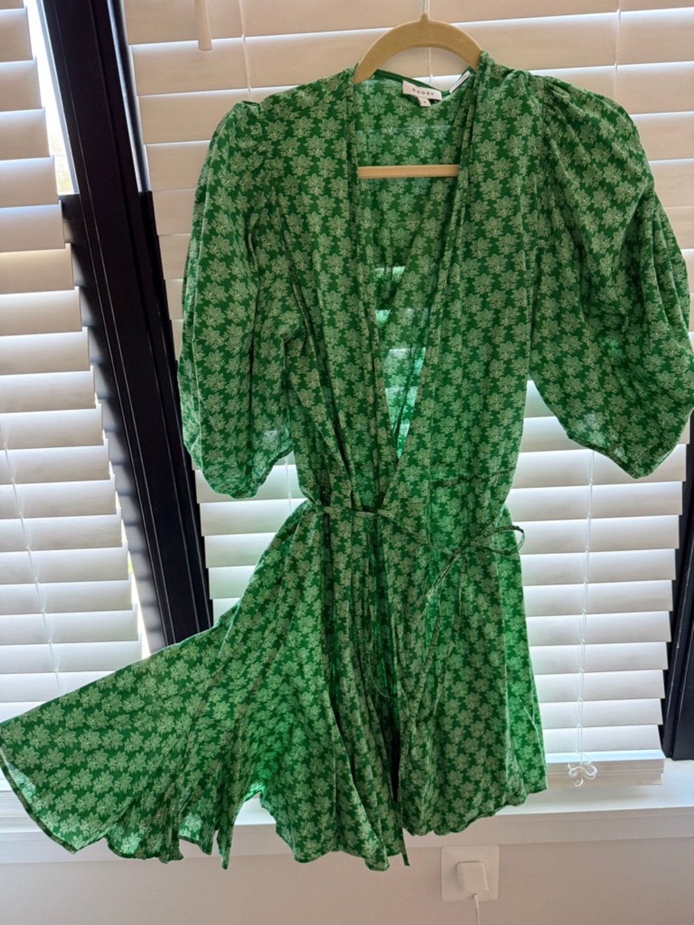 RHODE Green Floral V-Neck Mini Dress with Puff Sleeves - Picture 2 of 5
